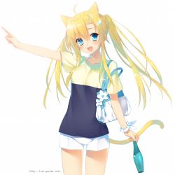 Rule 34 | 1girl, :d, ahoge, animal ears, aqua eyes, bad id, bad pixiv id, blonde hair, bottle, cat ears, cat tail, drink, fang, flower, hair flower, hair ornament, hairclip, holding, holding bottle, open mouth, original, pointing, sacraneco, scrunchie, shirt, short shorts, shorts, smile, solo, t-shirt, tail, twintails, watermark, web address, wrist scrunchie