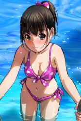 Rule 34 | 1girl, absurdres, bikini, black hair, blush, bow, breasts, climbing ladder, coll, commentary request, hair bow, hand on railing, hands up, high ponytail, highres, large breasts, looking at viewer, matsunaga kouyou, navel, original, partially submerged, pink bikini, pink bow, polka dot, polka dot bikini, pool, pool ladder, side-tie bikini bottom, smile, solo, standing, swimsuit, water, wet