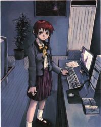 Rule 34 | 1990s (style), 1girl, abe yoshitoshi, brown eyes, brown hair, computer, female focus, hair ornament, hairclip, indoors, iwakura lain, keyboard (computer), lowres, official art, plant, retro artstyle, school uniform, serial experiments lain, serial experiments lain (psx), shoes, socks, solo, standing