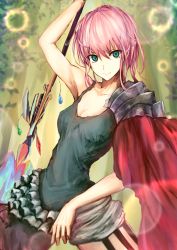 Rule 34 | 1girl, absurdres, arm up, armor, bare arms, breasts, cape, cleavage, green eyes, highres, kaze minoru so-ru, looking at viewer, original, pink hair, polearm, shoulder armor, solo, spear, weapon