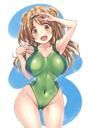 Rule 34 | 10s, 1girl, :d, arm up, armpits, blush, breasts, brown eyes, brown hair, bulbonne, collarbone, competition swimsuit, covered navel, cowboy shot, gluteal fold, green one-piece swimsuit, hairband, highleg, highleg swimsuit, highres, hip focus, i-26 (kancolle), kantai collection, large breasts, long hair, one-piece swimsuit, open mouth, shading eyes, smile, solo, swimsuit, thighs, two-tone hairband, two side up