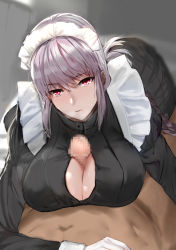 Rule 34 | 1boy, 1girl, apron, board game, breasts, censored, cleavage cutout, clothed female nude male, clothed sex, clothing cutout, expressionless, fate/grand order, fate (series), florence nightingale (fate), girl on top, go (board game), huge breasts, light purple hair, looking at viewer, lying, maid, maid headdress, mosaic censoring, navel, nude, paizuri, paizuri under clothes, penis, pov, red eyes