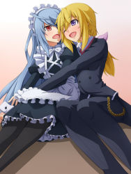 Rule 34 | 10s, 2girls, blonde hair, blush, butler, charlotte dunois, female butler, female focus, formal, gradient background, highres, hug, infinite stratos, laura bodewig, lolita fashion, long hair, looking at another, maid, maid headdress, mei ichi, multiple girls, one eye closed, open mouth, pant suit, pants, pantyhose, purple eyes, red eyes, silver hair, sitting, smile, suit, uniform, wink, wrist cuffs
