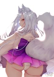 Rule 34 | 1girl, animal ear fluff, animal ears, ass, backlighting, chita (ketchup), closed mouth, commentary request, fox ears, fox girl, fox tail, from below, gradient skirt, highres, japanese clothes, kimono, long hair, long sleeves, looking at viewer, looking back, original, pink skirt, profile, purple skirt, short eyebrows, signature, silver hair, simple background, skirt, solo, tail, thick eyebrows, very long hair, white background, white kimono