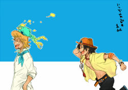 Rule 34 | 3boys, bird, blonde hair, hand in pocket, hand on headwear, hat, kuta (maka), male focus, marco (one piece), multiple boys, one piece, open clothes, open shirt, perch, phoenix, portgas d. ace, profile, running, shirt, smile, thatch
