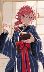 Rule 34 | 1girl, absurdres, black kimono, blue eyes, blush, bowl, chopsticks, drill hair, drill ponytail, eating, food, head wings, highres, holding, holding bowl, holding chopsticks, hololive, japanese clothes, kimono, long hair, looking at viewer, mochi, nail polish, official alternate costume, pink hair, pink nails, solo, takane lui, takane lui (new year), takion, virtual youtuber, wings