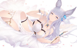Rule 34 | 1girl, animal ears, blue eyes, blunt bangs, breasts, cait aron, cleavage, commentary, flower, granblue fantasy, hair flower, hair ornament, highres, holding, korwa, korwa (summer) (granblue fantasy), long hair, looking at viewer, lying, medium breasts, on side, parted lips, quill, see-through, silver hair, solo, swimsuit