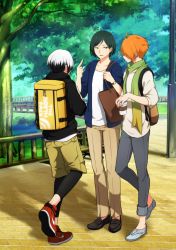 Rule 34 | 10s, 3boys, ahoge, backpack, bad id, bad pixiv id, bag, black hair, black leggings, blue shirt, bob cut, casual, coffee cup, cup, disposable cup, from behind, full body, grey eyes, grey pants, hair over eyes, height difference, highres, holding, holding cup, hood, hood down, hoodie, idolmaster, idolmaster side-m, index finger raised, kitamura sora, kiyosumi kuro, layered clothes, leggings, light smile, loafers, looking at another, male focus, multicolored hair, multiple boys, nike (company), niki (nikism1987), no socks, open clothes, open shirt, orange hair, outdoors, pants, park, parted bangs, parted lips, pavement, pole, railing, scarf, shadow, shirt, shoes, shorts, shoulder bag, smile, sneakers, standing, sunlight, tree, tsukumo kazuki, two-tone hair, watch, white hair, white shirt, wristwatch