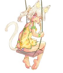 Rule 34 | 1girl, :o, absurdres, animal ears, anklet, armband, ass, back, bare legs, barefoot, blush, cat ears, cat girl, cat tail, chaosexceed, child, dangling legs, dot nose, feet, female focus, from behind, full body, hair ornament, highres, jewelry, panties, pink eyes, ponytail, pulling at clothes, simple background, sitting, soles, solo, spread toes, swing, swinging, tail, toes, underwear, white hair, white tail