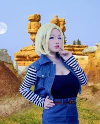 Rule 34 | 1girl, android 18, android 18 (cosplay), blonde hair, blue eyes, breasts, clothes, cosplay, dragonball z, female focus, highres, large breasts, lipstick, looking at viewer, makeup, medium hair, model, shibuya kaho, solo, wig