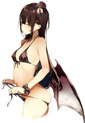 Rule 34 | 1girl, arched back, ass, bikini, black hair, blush, breasts, contrapposto, cowboy shot, cropped legs, demon girl, demon wings, front-tie bikini top, front-tie top, hat, highres, long hair, low wings, mini hat, navel, original, scrunchie, shunsei (muratou), side-tie bikini bottom, simple background, skindentation, slit pupils, small breasts, solo, standing, sweat, swimsuit, untied bikini, white background, wings, wrist cuffs, wrist scrunchie, yellow eyes