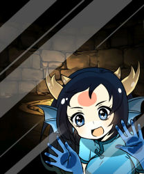 Rule 34 | 1girl, :d, against glass, black hair, blue dress, blue gloves, china dress, chinese clothes, dragon girl, dragon horns, dress, fake phone screenshot, fake screenshot, fins, forehead, fourth wall, glass, gloves, head fins, horns, karin (p&amp;d), long hair, looking at viewer, open mouth, pikomarie, puzzle &amp; dragons, short sleeves, smile, solo, stone, stone wall, wall, wallpaper