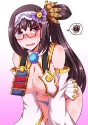 Rule 34 | 1girl, armor, bare shoulders, bent over, blue panties, blush, body blush, bow, breasts, brown hair, cleavage, cosplay, detached sleeves, dress, fang, fate/grand order, fate (series), feather hair ornament, feathers, glasses, hair bow, hair ornament, half-closed eyes, ikue fuuji, japanese armor, kusazuri, large breasts, long hair, long sleeves, nose blush, osakabehime (fate), panties, pom pom (clothes), purple bow, purple eyes, red dress, revealing clothes, semi-rimless eyewear, shiny skin, showgirl skirt, solo, spoken squiggle, squiggle, standing, sweat, two-tone background, under-rim eyewear, underwear, ushiwakamaru (fate), ushiwakamaru (fate) (cosplay), very long hair, wide sleeves
