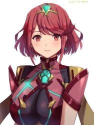 Rule 34 | 1girl, breasts, chest jewel, earrings, gem, headpiece, highres, jewelry, large breasts, pyra (xenoblade), red eyes, red hair, short hair, simple background, solo, swept bangs, tiara, white background, xenoblade chronicles (series), xenoblade chronicles 2, yamamori kinako