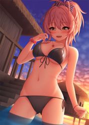 Rule 34 | 1girl, :d, bare shoulders, bikini, bikini tug, black bikini, blush, bow, bracelet, breasts, cleavage, cloud, cloudy sky, collarbone, commentary request, evening, eyelashes, fang, front-tie top, hair bow, highres, idolmaster, idolmaster cinderella girls, jewelry, jougasaki mika, long hair, looking at viewer, medium breasts, nail polish, navel, nazu-na, necklace, open mouth, outdoors, pink hair, scrunchie, side-tie bikini bottom, sky, smile, solo, standing, stomach, sunset, swimsuit, twilight, wading, water, wet, wrist scrunchie, yellow eyes