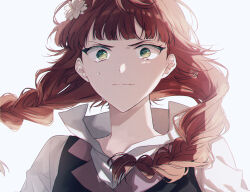 Rule 34 | 1girl, braid, bungou stray dogs, closed mouth, floating hair, flower, green eyes, hair flower, hair ornament, highres, long hair, looking at viewer, lucy maud montgomery (bungou stray dogs), portrait, red hair, solo, tears, twin braids, white flower, yoichi hnkn