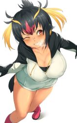 Rule 34 | 10s, 1girl, bare legs, black hair, blonde hair, blush, boots, breasts, cleavage, commentary request, covered erect nipples, from above, gloves, groin, headphones, hood, hood down, hoodie, kemono friends, large breasts, legs apart, multicolored hair, one eye closed, parted lips, pekoneko, pink footwear, red eyes, red hair, rockhopper penguin (kemono friends), short hair, simple background, solo, standing, tail, white background