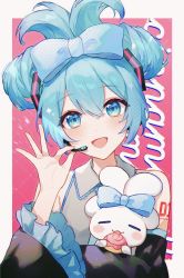 Rule 34 | 1girl, :d, bare shoulders, border, bow, cinnamiku, cinnamon roll, collared shirt, commentary request, detached sleeves, ear bow, green bow, green eyes, green hair, grey shirt, hair bow, hair ornament, harutoto, hatsune miku, headset, highres, holding, medium hair, open mouth, pink background, sanrio, shirt, shoulder tattoo, smile, tattoo, upper body, vocaloid, white border