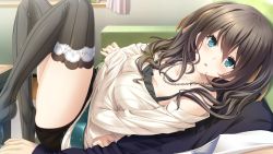 Rule 34 | 1girl, aikawa arisa (kiss ato), belt, black thighhighs, blue eyes, blush, breasts, brown hair, collar, crossed arms, feet, game cg, kiss ato, large breasts, legs, legs up, long hair, looking at viewer, lying, mikoto akemi, no shoes, on back, shorts, thighhighs, thighs
