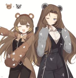 Rule 34 | 2girls, animal ears, animal hands, bear ears, black coat, black pants, black sash, black shirt, blue eyes, bow, bowtie, breasts, brown bow, brown bowtie, brown coat, brown eyes, brown hair, claws, coat, collared shirt, e.g.o (project moon), gloves, highres, large breasts, library of ruina, limbus company, long hair, long sleeves, love mintchoco, malkuth (project moon), multiple girls, one eye closed, pants, parted bangs, paw gloves, project moon, rodion (project moon), sash, shirt, sidelocks, simple background, stuffing, very long hair, white background, white shirt