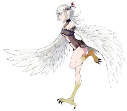 Rule 34 | 1girl, aisutabetao, ass, bird wings, breasts, cleavage, earrings, feathers, hair ornament, harpy, highres, jewelry, monster girl, navel, original, profile, simple background, white background, white feathers, white hair, winged arms, wings, yellow eyes