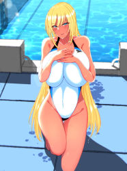 Rule 34 | 1girl, blonde hair, breasts, covering privates, covering breasts, long hair, nabeshiki, solo, swimming, swimsuit, tagme, water