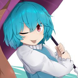 Rule 34 | 1girl, ;p, blue hair, blue vest, blush, breasts, commentary request, hair between eyes, highres, holding, holding umbrella, juliet sleeves, long sleeves, looking at viewer, medium breasts, one eye closed, puffy sleeves, purple umbrella, red eyes, shirt, short hair, simple background, smile, solo, tatara kogasa, tongue, tongue out, touhou, tyouseki, umbrella, upper body, v-shaped eyebrows, vest, white background, white shirt