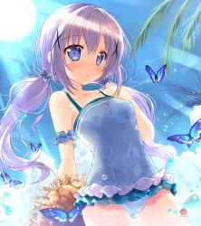 Rule 34 | 1girl, :o, animal, bad id, bad pixiv id, bare shoulders, blue eyes, blue one-piece swimsuit, blue sky, bug, butterfly, cameltoe, casual one-piece swimsuit, cleft of venus, cloud, collarbone, commentary request, covered erect nipples, day, gochuumon wa usagi desu ka?, hair between eyes, hair ornament, hand up, hat, insect, kafuu chino, long hair, low twintails, mikeou, one-piece swimsuit, outdoors, palm tree, parted lips, polka dot, polka dot swimsuit, purple hair, sidelocks, sky, solo, standing, straw hat, sun, sunlight, swimsuit, tree, twintails, unworn hat, unworn headwear, very long hair, x hair ornament