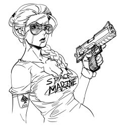 Rule 34 | 1girl, ace (playing card), ace of spades, arm tattoo, bb (baalbuddy), braid, breasts, cleavage, closed mouth, clothes writing, facial scar, fingerless gloves, gloves, greyscale, gun, hair bun, handgun, highres, holding, holding gun, holding weapon, large breasts, lipstick, looking at viewer, makeup, monochrome, original, pistol, playing card, scar, scar across eye, scar on cheek, scar on face, shirt, simple background, solo, spade (shape), sunglasses, t-shirt, tattoo, trigger discipline, upper body, weapon, white background