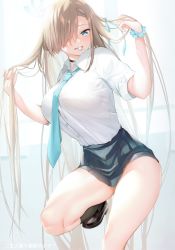 Rule 34 | 1girl, absurdres, asuna (blue archive), blue archive, blue eyes, blush, breasts, candy, collared shirt, food, grey skirt, hair over one eye, halo, hamada miku, highres, large breasts, legs, light brown hair, lollipop, long hair, looking at viewer, mouth hold, necktie, shirt, shirt tucked in, short sleeves, skirt, solo, tented shirt, thighs, very long hair, white shirt