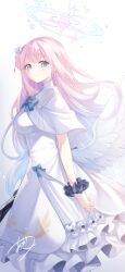Rule 34 | 1girl, absurdres, amatsuji, angel wings, blue archive, blush, brown eyes, capelet, closed mouth, dress, feathered wings, frilled dress, frills, halo, highres, long hair, looking at viewer, mika (blue archive), pink hair, pink halo, signature, smile, solo, white capelet, white dress, white wings, wings