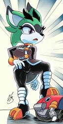 Rule 34 | 1girl, barely sly, black pants, brown jacket, clove the pronghorn, derivative work, furry, furry female, gloves, hand on own hip, highres, jacket, open mouth, pants, screenshot redraw, signature, solo, sonic (series), sonic the hedgehog (archie comics), watermark, white gloves
