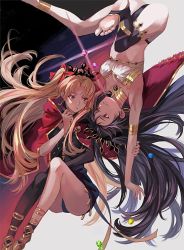 Rule 34 | 2girls, am88121, anklet, arm up, armlet, asymmetrical legwear, asymmetrical sleeves, bikini, black dress, black hair, black legwear, black sleeves, blonde hair, breasts, cape, cleavage, closed mouth, commentary, crown, detached sleeves, dress, earrings, ereshkigal (fate), eye contact, fate/grand order, fate (series), floating hair, gold trim, hair ribbon, hand on own arm, highres, hood, hooded cape, hoop earrings, ishtar (fate), jewelry, long hair, looking at another, mismatched bikini, multiple girls, neck ring, open mouth, parted bangs, red cape, red eyes, red ribbon, ribbon, siblings, single detached sleeve, single sleeve, single thighhigh, sisters, skull, spine, strapless, swimsuit, thighhighs, tiara, toeless legwear, two-sided cape, two-sided fabric, two side up, uneven legwear, uneven sleeves, upside-down, very long hair