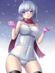 Rule 34 | 1girl, :o, ahoge, black thighhighs, blue eyes, breasts, breath, clenched hands, cowboy shot, forearms at chest, fringe trim, gloves, gluteal fold, gradient background, large breasts, looking at viewer, one-piece swimsuit, open mouth, original, scarf, school swimsuit, short hair, silver hair, skindentation, snowing, solo, swimsuit, thighhighs, tsukumiya amane, white one-piece swimsuit, white school swimsuit