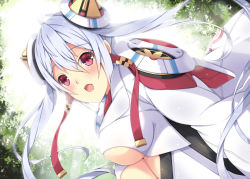 Rule 34 | 1girl, :o, ahoge, blush, breasts, cape, cleavage, cleavage cutout, clothing cutout, female focus, hair between eyes, hair ornament, headgear, large breasts, long hair, long sleeves, looking at viewer, looking back, matoi (pso2), mikoto cluster, milkpanda, open mouth, outdoors, phantasy star, phantasy star online 2, red eyes, silver hair, solo, twintails, underboob