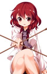 Rule 34 | 1girl, between fingers, crossed legs, drumsticks, hair between eyes, holding, horikawa raiko, jacket, looking at viewer, necktie, outstretched arm, plaid, plaid shirt, red eyes, red hair, ruu (tksymkw), shirt, short hair, simple background, solo, touhou, white background, white jacket