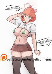 Rule 34 | 1girl, aestheticc-meme, android, bikini, black thighhighs, bow, breasts, cleavage, cleft of venus, english text, facing viewer, green eyes, highres, large breasts, looking at viewer, orange hair, penny polendina, pussy, ribbon, rwby, shirt, short hair, skirt, smile, solo, standing, swimsuit, thighhighs, uncensored