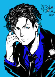 Rule 34 | 1boy, black hair, blue background, blue eyes, blue hair, blue theme, climaxmukr, closed mouth, collar, collared shirt, english text, fate/grand order, fate (series), formal, gradient hair, hand on own face, long hair, long sleeves, looking at viewer, male focus, multicolored hair, necktie, nikola tesla (fate), parted bangs, shirt, short hair, simple background, solo, suit