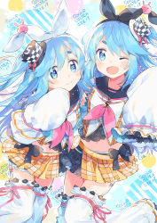 Rule 34 | 2girls, absurdres, black bow, black hairband, black headwear, blue hair, bow, breasts, character request, checkered clothes, checkered headwear, commentary request, copyright request, hairband, hat, hat bow, highres, long hair, looking at viewer, midriff, multicolored clothes, multicolored skirt, multiple girls, navel, pink ribbon, ribbon, shirt, side ponytail, skirt, small breasts, thighhighs, white hairband, white legwear, white shirt, yellow skirt, zuho (vega)