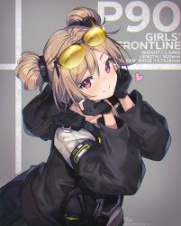 Rule 34 | 1girl, black jacket, blush, character name, copyright name, double bun, eyewear on head, gas mask, girls&#039; frontline, gloves, grey background, hair bun, hair ornament, hands on own cheeks, hands on own face, hood, hooded jacket, jacket, looking at viewer, mask, nagu, p90 (girls&#039; frontline), red eyes, smile, solo, sunglasses, sunglasses on head, tinted eyewear, unworn mask, upper body, yellow-tinted eyewear