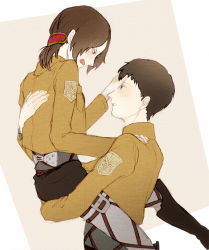 Rule 34 | 1boy, 1girl, bertolt hoover, blush, brown hair, carrying, eye contact, hair ornament, hairclip, hand on another&#039;s face, looking at another, military, military uniform, open mouth, shingeki no kyojin, short hair, sweatdrop, uniform, ymir (shingeki no kyojin)