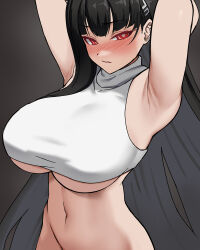 Rule 34 | 1girl, armpits, arms behind head, black background, blue archive, bottomless, breasts, hair ornament, hairclip, highres, long hair, looking at viewer, navel, nsd (neangsadu), red eyes, rio (blue archive), simple background, solo, turtleneck, underboob, variant set, very long hair