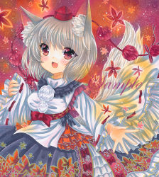 Rule 34 | 1girl, :d, animal ear fluff, animal ears, autumn leaves, black skirt, breasts, cowboy shot, frilled shirt collar, frilled skirt, frills, hat, head tilt, inubashiri momiji, long sleeves, looking at viewer, marker (medium), medium breasts, medium hair, open mouth, orange background, outstretched arm, outstretched hand, pom pom (clothes), print skirt, red eyes, red hat, ribbon-trimmed sleeves, ribbon trim, rui (sugar3), sample watermark, shirt, silver hair, skirt, sleeves past wrists, smile, solo, tokin hat, touhou, traditional media, watermark, white shirt, wolf ears