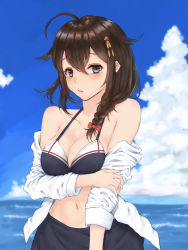 Rule 34 | 1girl, ahoge, bare shoulders, bikini, blue eyes, blue sky, blush, braid, breasts, brown hair, cleavage, day, hair flaps, hair ornament, hair over shoulder, highres, kantai collection, long hair, looking at viewer, medium breasts, navel, off-shoulder sweater, off shoulder, sailor bikini, sailor collar, shigure (kancolle), shigure kai ni (kancolle), single braid, sky, solo, sweater, swimsuit, white sweater, yukishimo