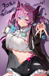 Rule 34 | 1girl, ahoge, armpit peek, black jacket, black skirt, bow, breasts, cowboy shot, crop top, crop top overhang, demon horns, ear piercing, frilled skirt, frills, gradient hair, grin, hair bow, hair ornament, hairclip, highres, holding, holding phone, horns, indie virtual youtuber, jacket, large breasts, long hair, long sleeves, looking at viewer, midriff, miniskirt, multicolored hair, nail polish, navel, off shoulder, open clothes, open jacket, outstretched arms, phone, piercing, pink eyes, pink hair, satou pote (vtuber), satoupote, shirt, sidelocks, skirt, sleeveless, sleeveless shirt, smile, solo, standing, stomach, twintails, virtual youtuber, w, white shirt