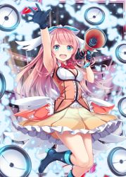 Rule 34 | 1girl, akkijin, armpits, bare shoulders, black gloves, blue eyes, blush, boots, breasts, card (medium), gloves, hair ribbon, hand up, holding, holding megaphone, looking at viewer, medium breasts, megaphone, official art, pink hair, red ribbon, ribbon, round teeth, shinkai no valkyrie, skirt, stage, stage lights, teeth, white ribbon