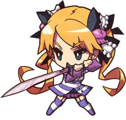 Rule 34 | 1girl, bright pupils, chibi, criminal girls, full body, hair ornament, hair ribbon, ichihaya, kisaragi (criminal girls), long hair, long sleeves, nippon ichi, official art, orange hair, ribbon, solo, striped clothes, striped thighhighs, sword, thighhighs, twintails, weapon
