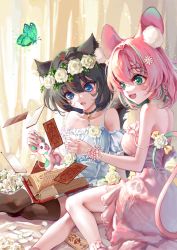 Rule 34 | 1other, 2girls, :d, animal ear fluff, animal ears, awestruck, bare arms, bare shoulders, bed, bell, black hair, black legwear, blue eyes, blue hair, book, braid, breasts, bug, butterfly, card, cat ears, cat girl, cat tail, character request, check character, check copyright, collarbone, colored inner hair, copyright request, flower, green eyes, green hair, hair between eyes, hair flower, hair ornament, head wreath, highres, hoshina suzu, insect, medium breasts, medium hair, mojuko (vtuber), mouse, mouse ears, mouse girl, mouse tail, multicolored hair, multiple girls, neck bell, nightgown, on bed, open mouth, pink hair, providence project, reading, rose, side braid, sitting, smile, souhaku, tail, thighhighs, virtual youtuber, wactor production, white flower, white rose, yokozuwari