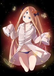 Rule 34 | 1girl, abigail williams (fate), black background, blonde hair, blue eyes, blush, bow, butterfly, chio kitsune, collarbone, cropped legs, fate/grand order, fate (series), hair bow, head tilt, highres, long hair, long sleeves, looking at viewer, lowleg, lowleg panties, navel, open clothes, open shirt, orange bow, oversized clothes, panties, parted lips, polka dot, polka dot bow, purple bow, purple panties, shirt, sleeves past wrists, solo, underwear, very long hair, white shirt