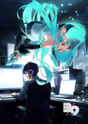 Rule 34 | 1boy, 1girl, 39, :d, absurdres, aqua hair, aqua necktie, black footwear, black skirt, black sleeves, blue eyes, blue hair, boots, character name, character signature, closed eyes, collared shirt, commentary, computer, detached sleeves, eighth note, english text, figure, floating, full body, graph, grey shirt, hair between eyes, hair ornament, hatsune miku, headphones, highres, indoors, instrument, keyboard (instrument), kinosuke (pattaba), laptop, long hair, master (vocaloid), miku day, monitor, musical note, necktie, number tattoo, open mouth, pleated skirt, quarter note, shirt, shoulder tattoo, sixteenth note, sixteenth rest, skirt, sleeveless, sleeveless shirt, smile, star (symbol), tattoo, teeth, thigh boots, tongue, twintails, upside-down, very long hair, very long sleeves, vocaloid